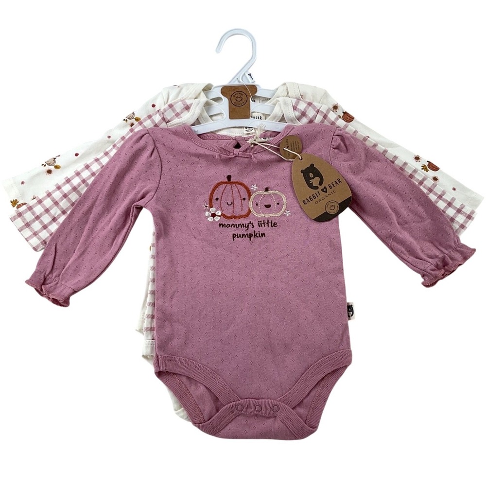 Rabbit Bear Organic 3 Pack Long Sleeve Pumpkin Bodysuits 6-9M Mauve Gingham Fall